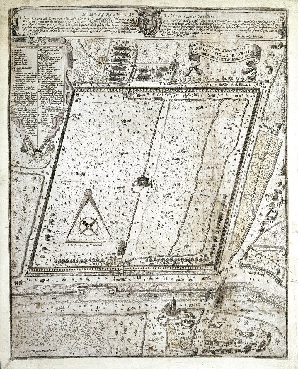 Mapa lazaretu w Mediolanie podczas Wielkiej Plagi w Mediolanie w 1630 r. (Rysunek autorstwa Unknown artist