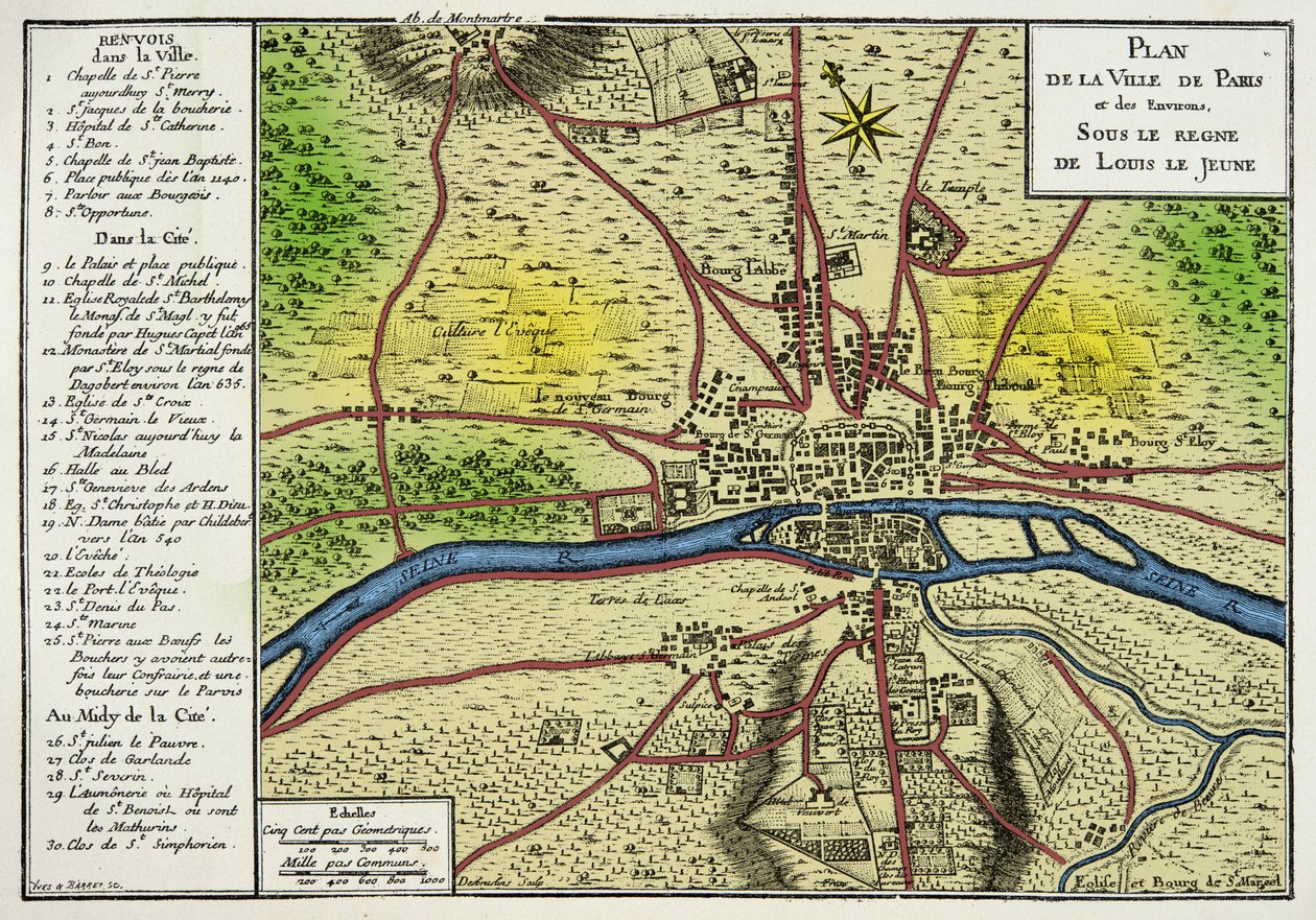 Mapa miasta Paryża za panowania Ludwika Le Jeune (Ludwik VII 1120-1180) Król Franków, rycina XIX w. autorstwa Unknown artist