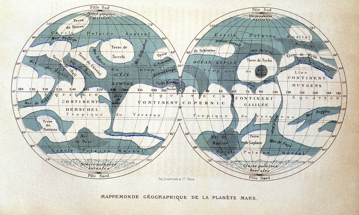 Mapa planety Mars – w „Popularnej astronomii” Camille Flammarion, wyd. Marpon i Flammarion autorstwa Unknown artist
