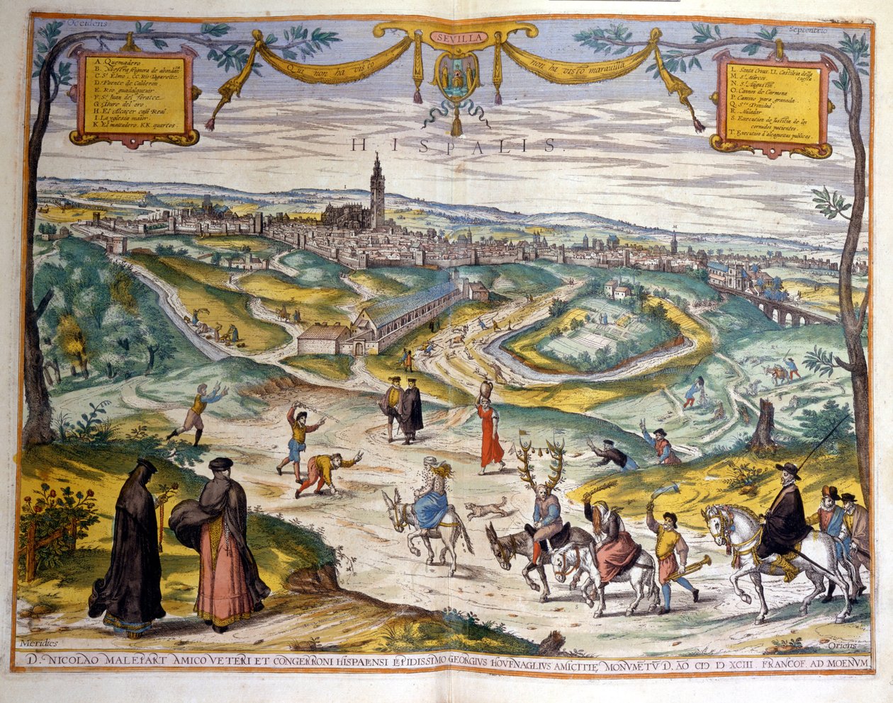 Mapa Sewilli w 1590 roku. W prawym dolnym rogu obrazu mieszkańcy wioski wyśmiewają się z rogacza na swoim osiołku. autorstwa Unknown artist