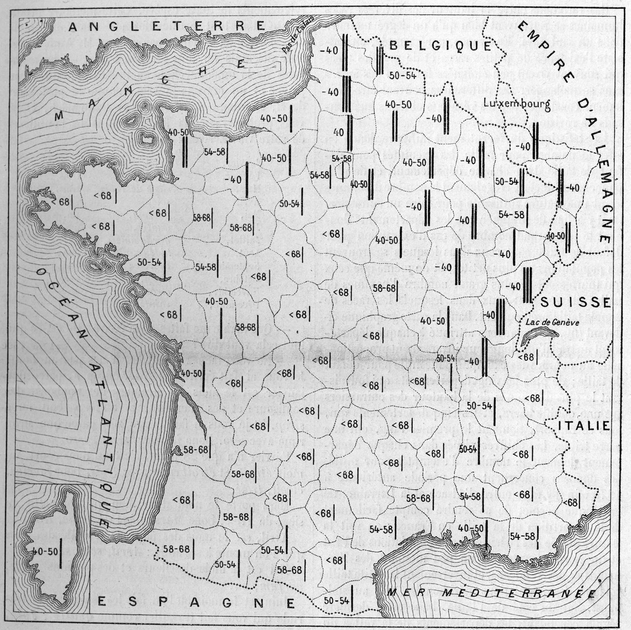 Mapa rozkładu wzrostu we Francji: wysokość słupków jest odwrotnie proporcjonalna dla każdego wydziału do liczby poborowych zwolnionych z wad wymiarowych, ponad 1000 egzaminów. Liczby podają tę liczbę na 100. Dwadzieścia wydziałów, które zapewniają autorstwa Unknown artist