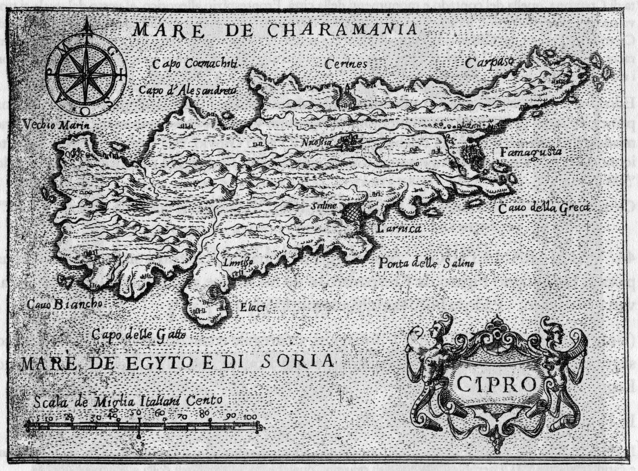 Mapa wyspy Cypr (Cypr) w 1587 w „”Najbardziej oddanej podróży Jerozolimy”. autorstwa Unknown artist