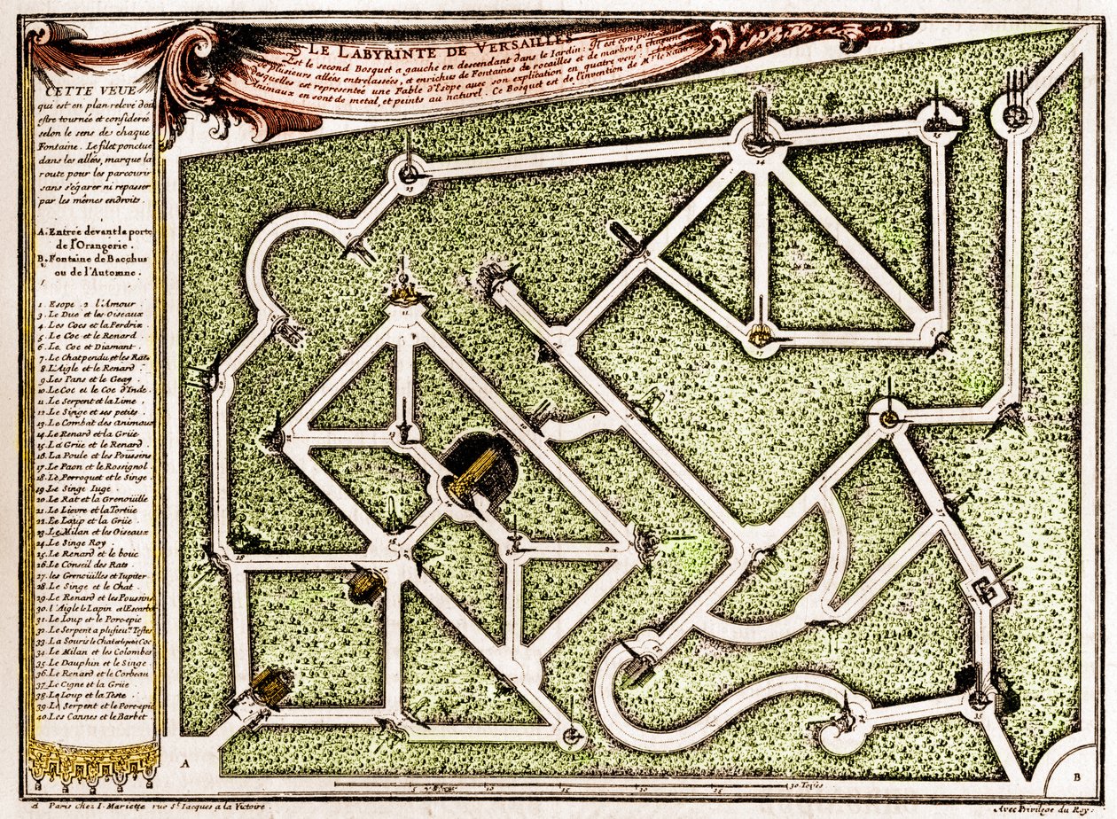 Mapa labiryntu w parku zamku w Wersalu, stworzona przez Andre Le Notre (1613-1700). Grawer w „” La Nature. Revue des sciences et de ses applications aux arts et a l