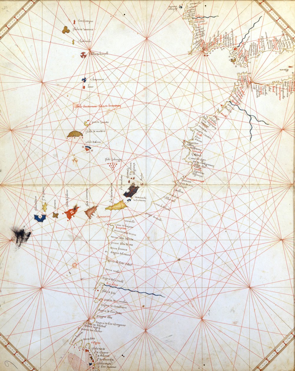 Mapa przedstawiająca Gibraltar, Maroko i Wyspy Kanaryjskie. Portulan z XV wieku. autorstwa Unknown artist