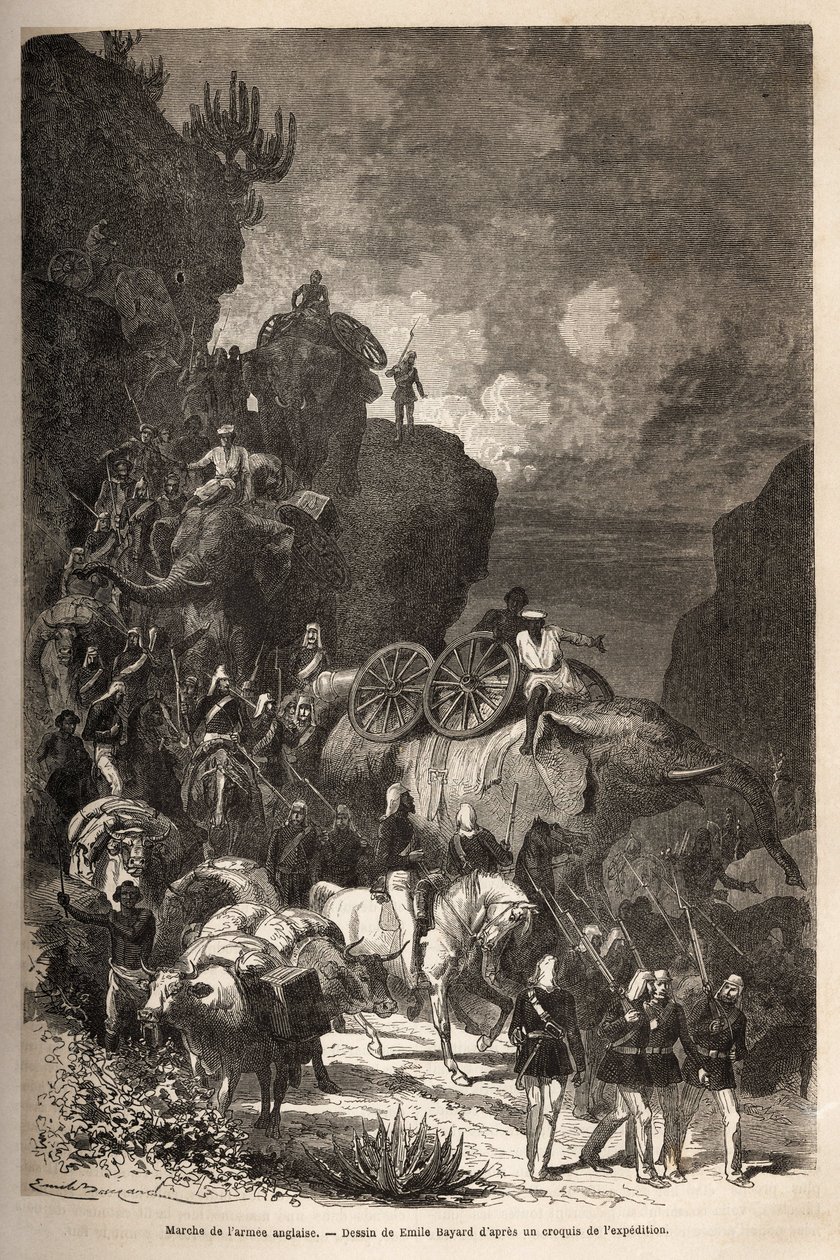 Marsz armii angielskiej w kierunku płaskowyżu Dalanta, podążając za wojskami cesarza Teodorosa (ok. 1818-1868), ze słoniami do transportu artylerii. Grawerowanie ilustrujące historię „” les captifs de Theodoros””, autorstwa doktora Henry