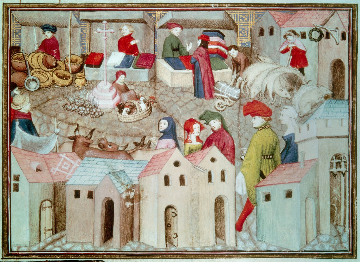 Marche de Champeaux w Paryżu Sprzedawcy betaili i drobiu, draperie. Miniatura zaczerpnięta z „Wędrującego rycerza” Thomasa de Saluces (Tommaso III di Saluzzo), około 1403-1404. Paryż, B.N. autorstwa Unknown artist