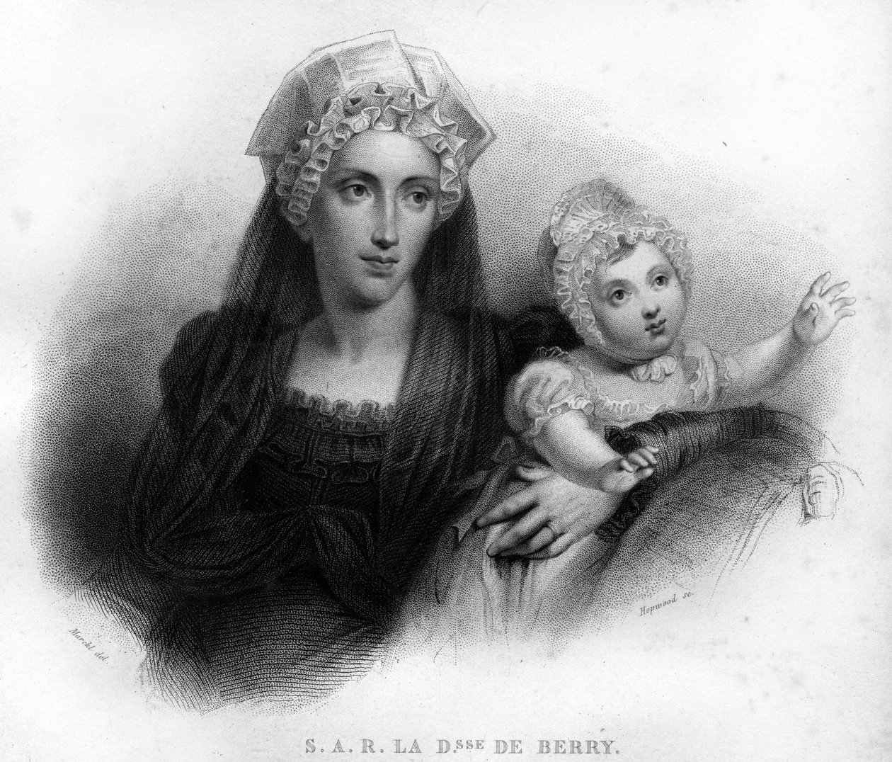 Marie - Karolina Sycylia Burbon, księżna Berry (1798-1870) w stroju wdowy, trzymająca córkę Louise Marie Therese of Artois (1819-1864). Grawerowanie z 1820 roku. autorstwa Unknown artist