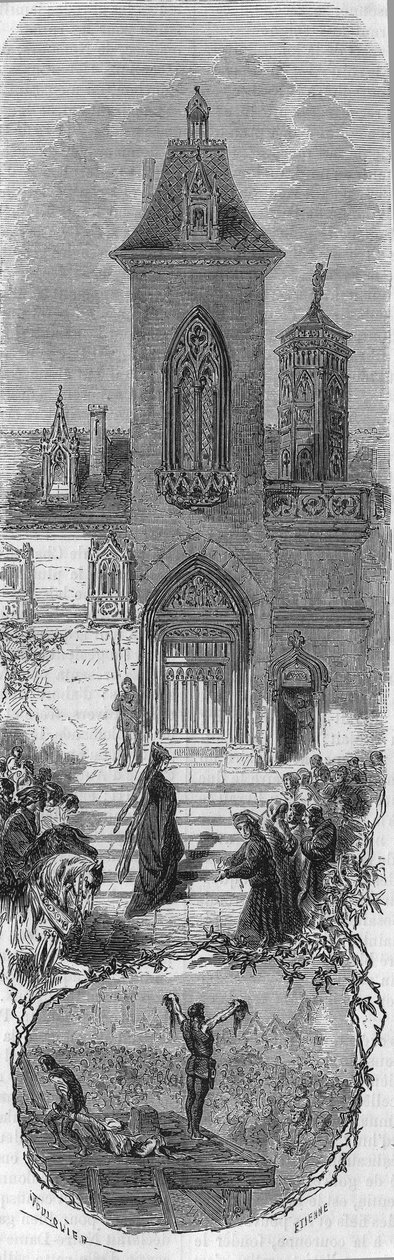 Marie de Burgundy prosi o łaskę swoich ministrów. Śmierć Hugonata i ojca Humbercourta 3 kwietnia 1477 r. Rycina z XIX wieku. autorstwa Unknown artist