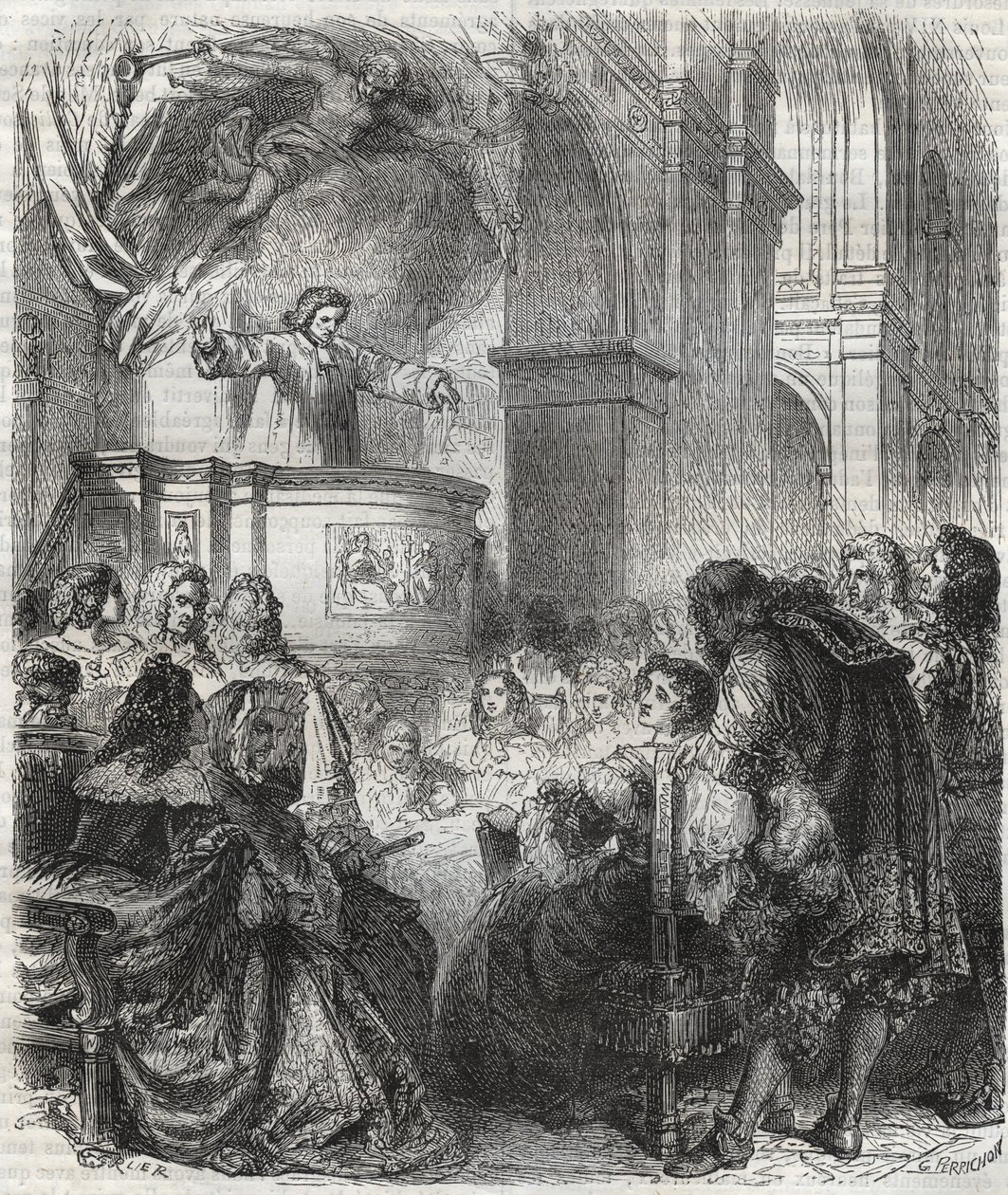 Marie de Rabutin-Chantal (Rabutin Chantal), markiza Sevigne znana jako Madame de Sevigne (1626-1696), posłuchaj francuskiego Louisa Bourdaloue (1632-1704) w kościele jezuitów, Saint-Louis w Paryżu - rycina z 1866 r. autorstwa Unknown artist