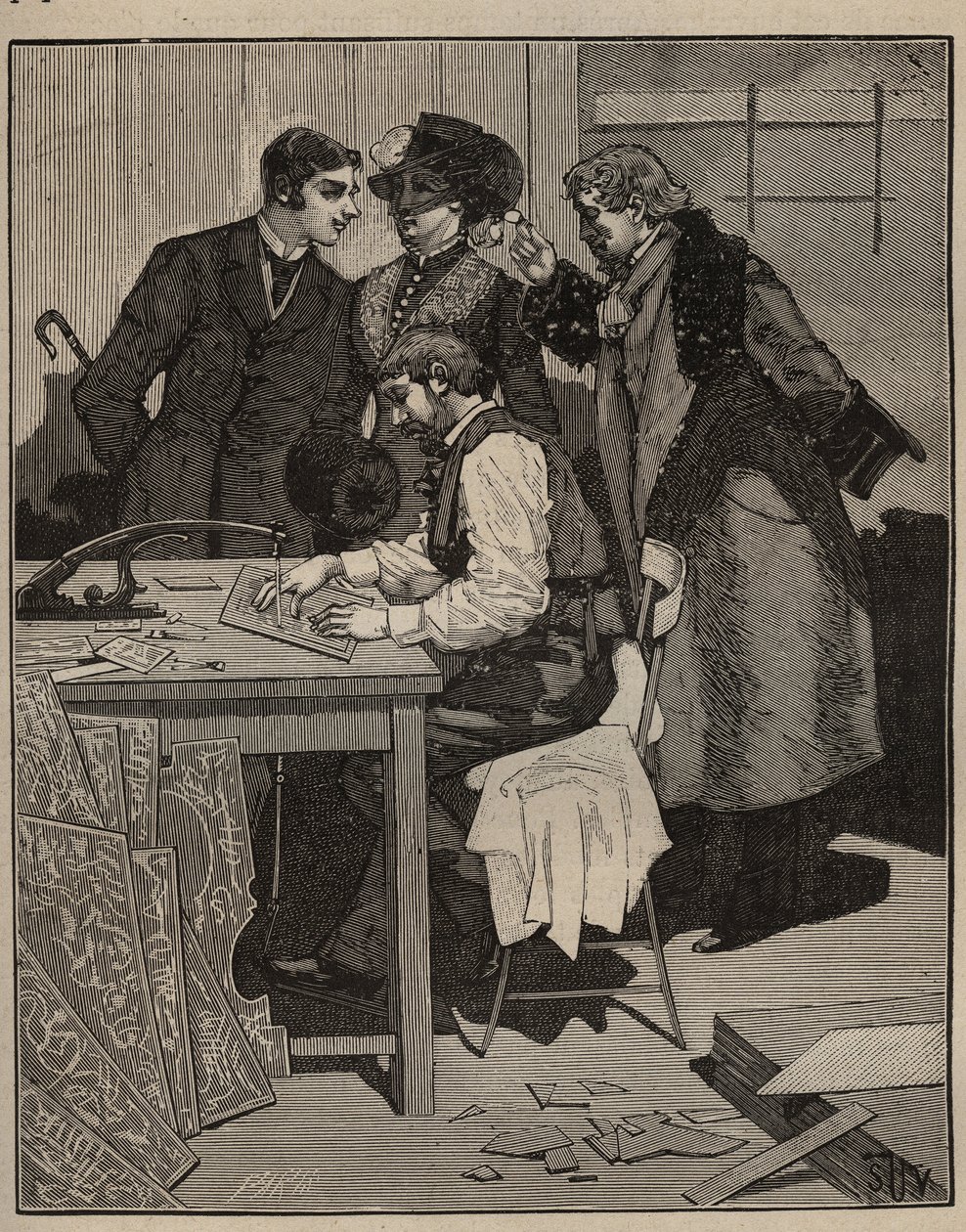 Intarsja: intarsja ma pracę. Grawer z 1885 roku w „Les arts et metiers illustres” Adolphe BITARD. autorstwa Unknown artist