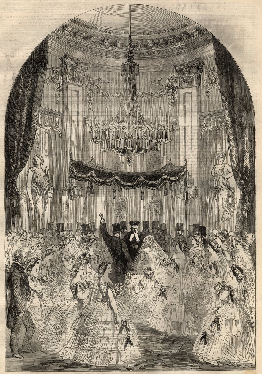 Małżeństwo barona Alphonse de Rotschild (1827-1905) i Leonory de Rotschild (1837-1911). Maryja nauczyła się rzucać drinkiem na podłogę, ostatni etap żydowskiego małżeństwa, zwany „rozbitym szkłem”. Grawerowanie w „The Illustrated London News”” z marca autorstwa Unknown artist