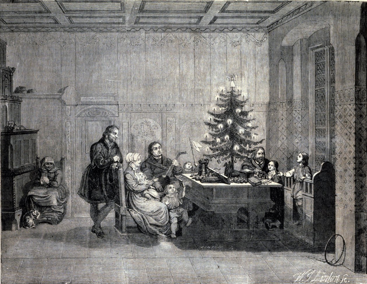 Marcin Luter (1483-1546) Niemiecki reformator religijny świętujący Boże Narodzenie z rodziną. Rycina XIX wieku autorstwa Unknown artist