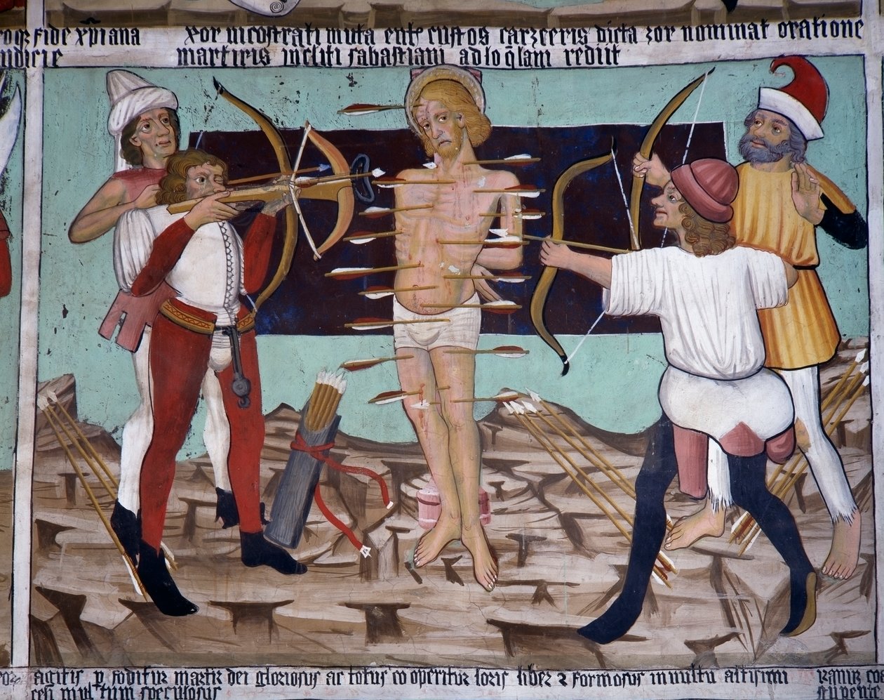 Męczeństwo św. Sebastiana, życie św. Sebastiana (XV wiek), freski, kaplica św. Sebastiana, Villard-de-Lans, Rodan-Alpy, Francja. autorstwa Unknown artist
