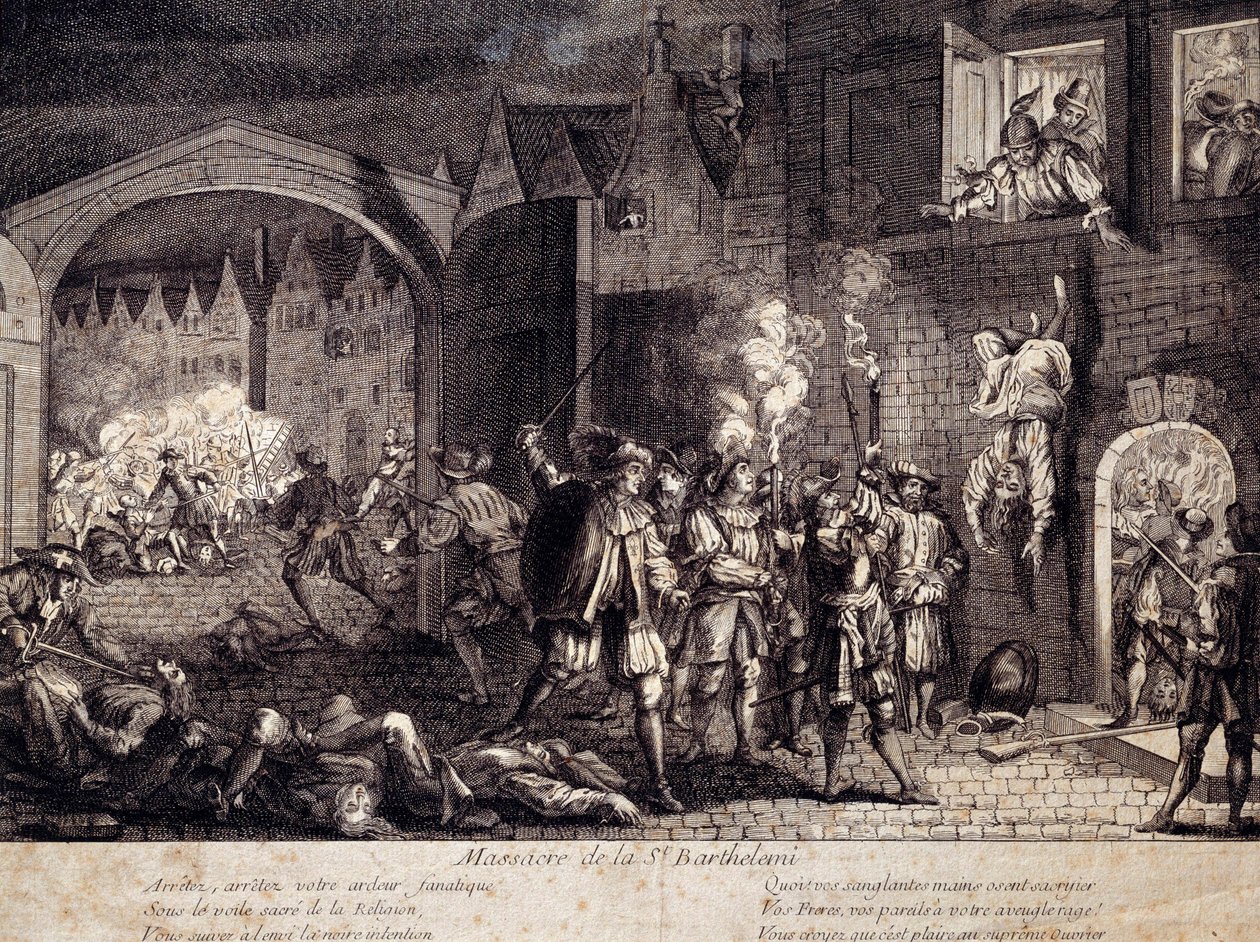 Masakra św. Barthelemy (św. Barthelemy) w Paryżu w nocy z 24 sierpnia 1572. Rycina z XVI wieku. Pau, Musee Du Chateau autorstwa Unknown artist