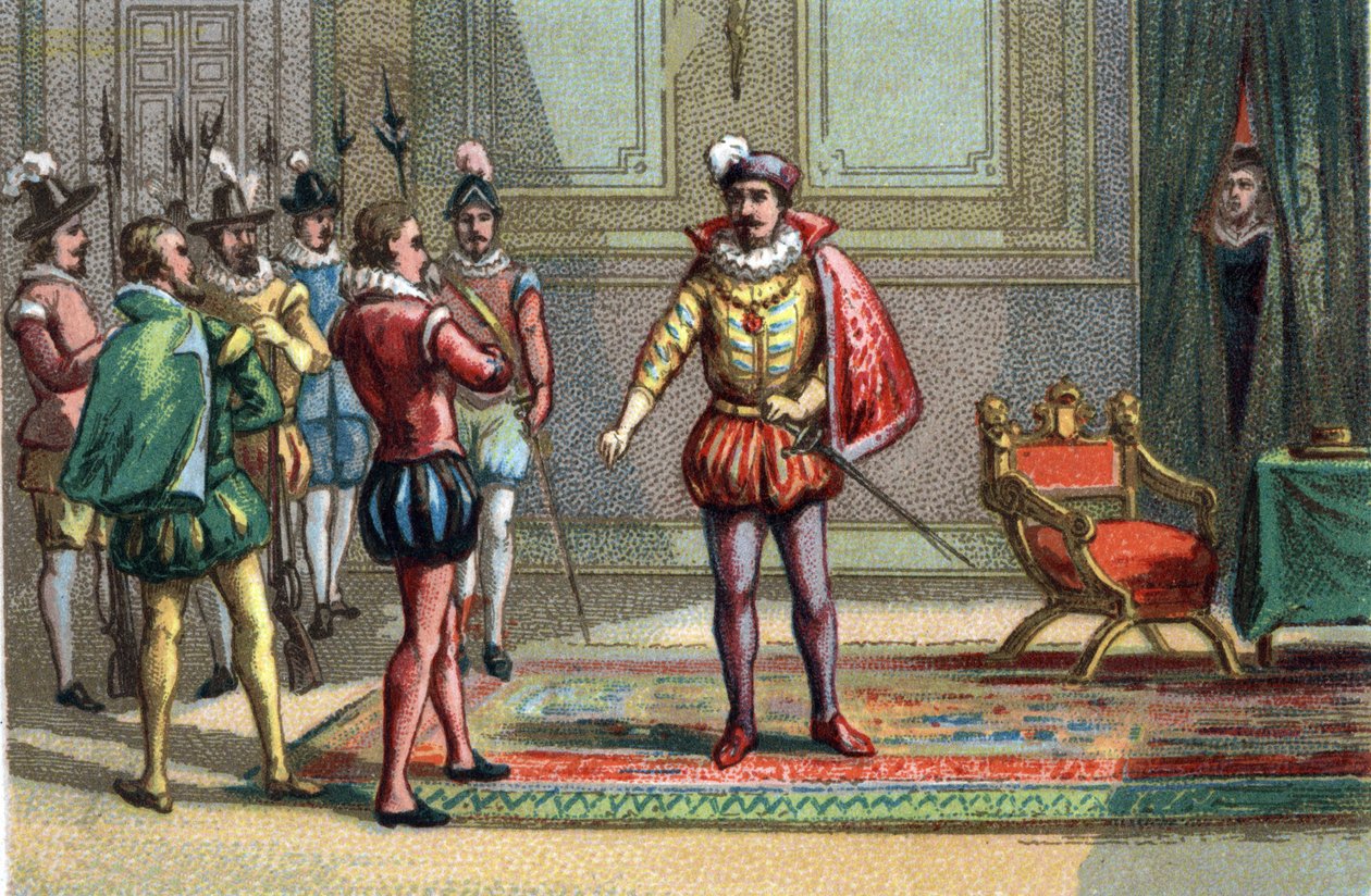 Masakra św. Barthelemy, księcia Conde i Henryka Nawarry, została sprowadzona do Karola IX, króla Francji (1550-1574), który dał im wybór między mszą a śmiercią. Katarzyna de Medicis (Caterina de Medici) (1519-1589) obserwuje scenę. Chrom autorstwa Unknown artist