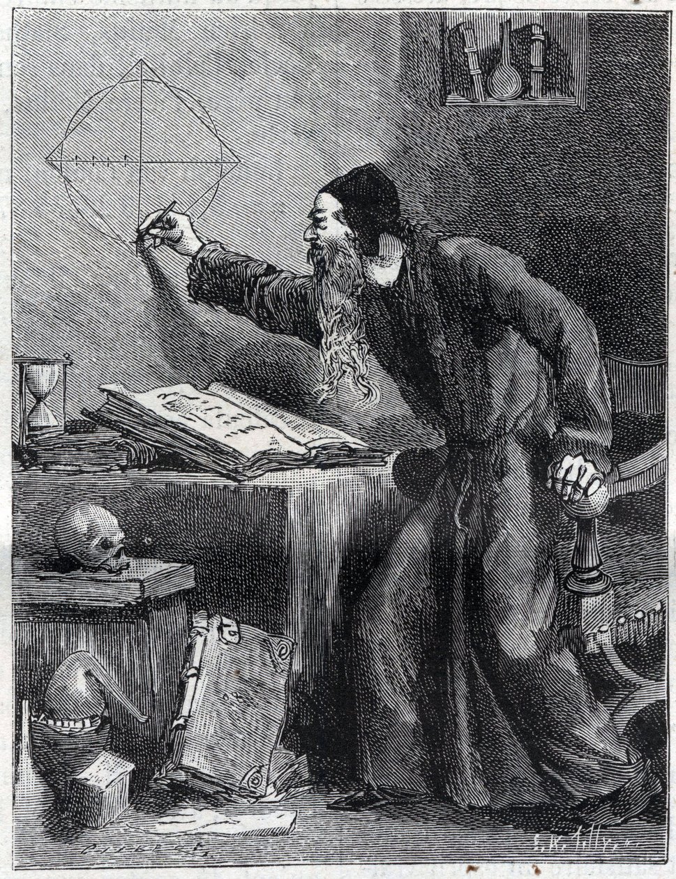 Matematyka i Geometria: Badacz naukowy kwadratury koła w XVI wieku. Grawer w „La Nature” 1890. Ze zbiorów prywatnych. autorstwa Unknown artist
