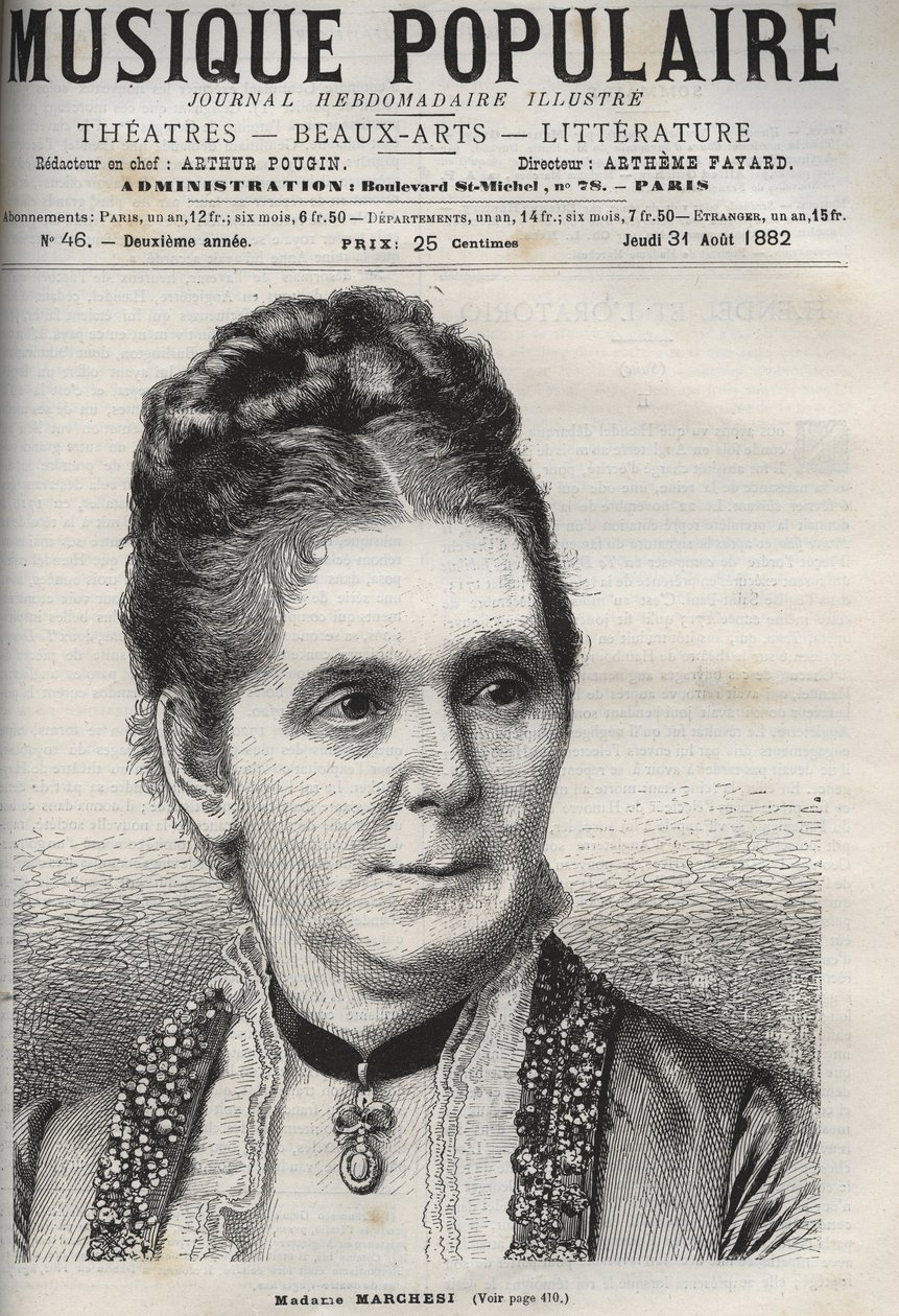 Mathilde Marchesi (1821-1913) Niemiecki mezzosopran - grawer w znakomitym tygodniku „Muzyka popularna”” - 1882 autorstwa Unknown artist