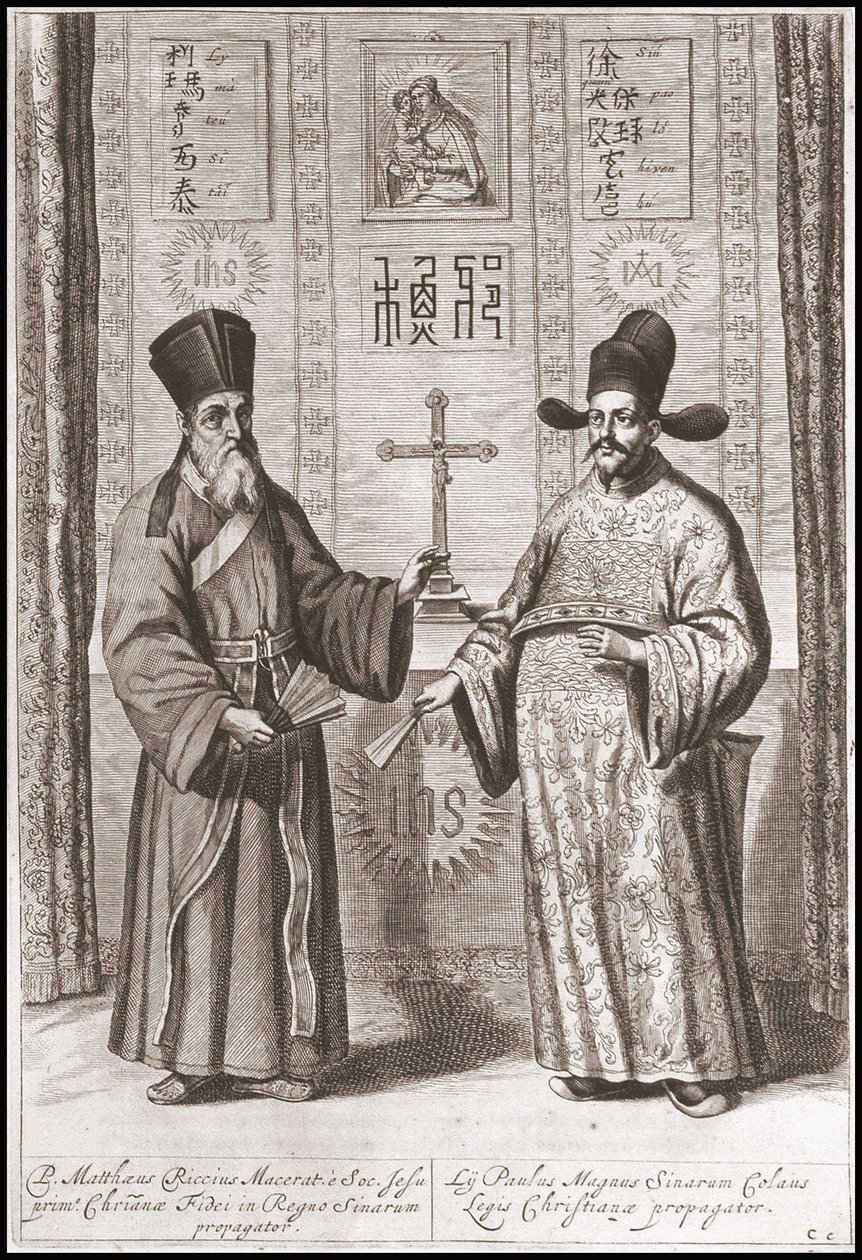 Matteo Ricci (z lewej) i Paul Ly (z prawej) w chińskim stroju – w „Ambasada Kompanii Orientalnej Zjednoczonych Prowincji wobec Cesarza Chin lub Grand Cam of Tartaria” Pierre