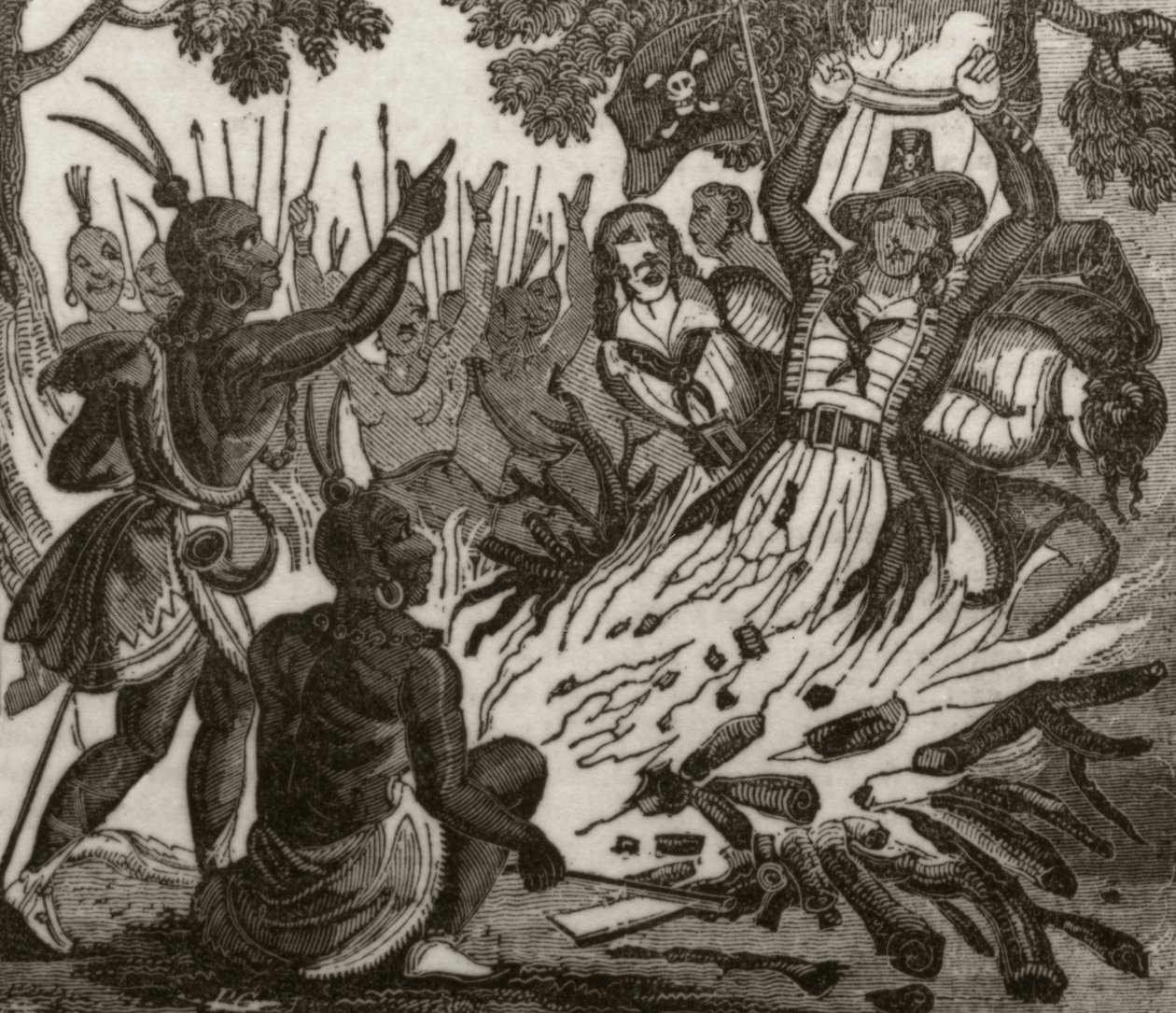 „McFarren, jego partner i czterej członkowie załogi, spaleni przez tubylców z Wysp Sandwich”, ok. 1836 autorstwa Unknown artist