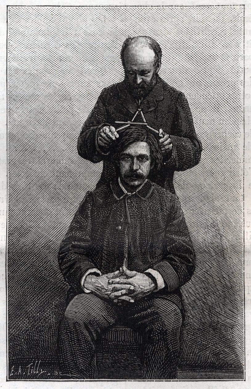 Pomiary maksymalnej szerokości głowy dokonane przez prefekturę policji metodą Alphonse Bertillon (1853-1914) zwaną „Bertillonnage”. Grawerowanie w „”La Nature”” autorstwa Unknown artist