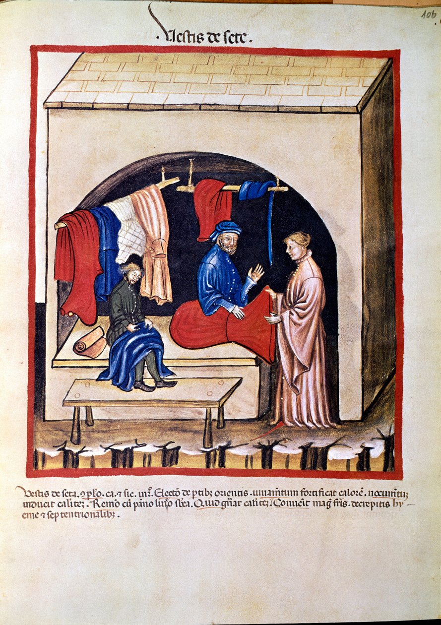 Handel lekami: „” handlarz odzieżą jedwabną”” Strona zaczerpnięta z „”Tacuinum sanitatis”” (Cod. ser. nov. 2644) Około 1400 Wiedeń, Austriacka Biblioteka Narodowa autorstwa Unknown artist