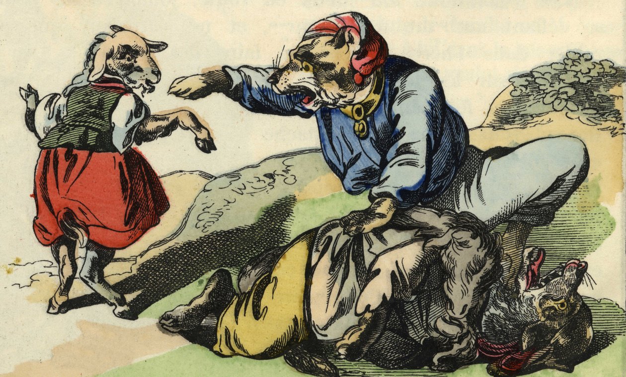 Medor ratuje Małego Szefa Kuchni przed wilkiem. Ilustracja do bajki „Bon medor i mały Chevrette””. W „Opowieściach z domu dla najmłodszych””. Anonimowy rycina z XIX wieku. autorstwa Unknown artist