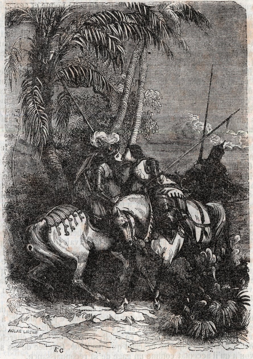 Spotkanie Marphise (Marfisa), Astolphe (Astolfo) i Sansonnet (Sansonetto) - rycina 1851 z „”Roland furieux” (Orlando furioso) (XVI w.) Ludovico Ariosto, zwanego Ariostą – wydanie przetłumaczone z języka włoskiego przez hrabiego Tressan i autorstwa Unknown artist