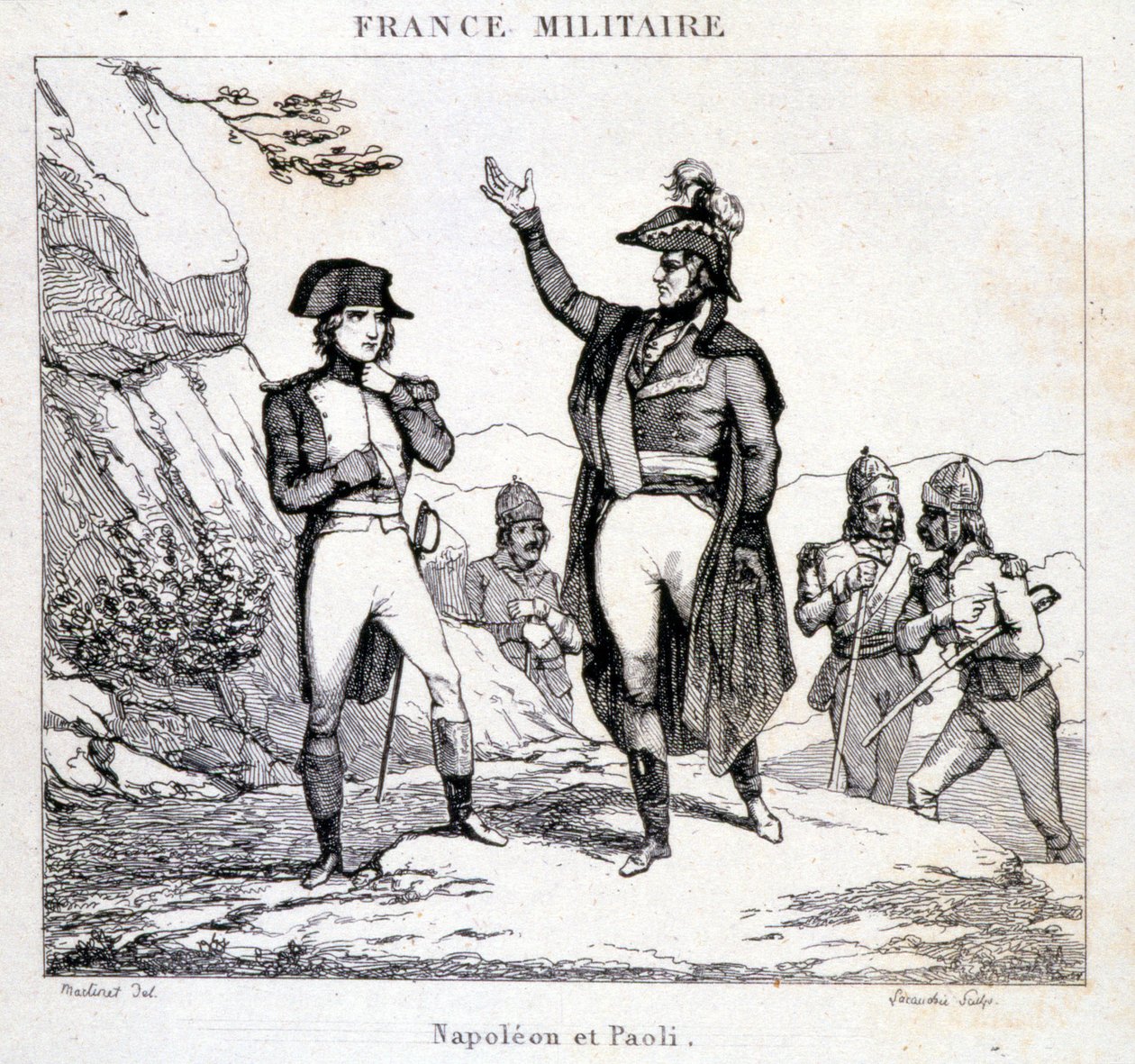 Spotkanie Napoleona Bonaparte i Pasquale lub Pascala Paoli (1725 - 1807), Patriota Korsyka. Rycina XIX wieku. autorstwa Unknown artist
