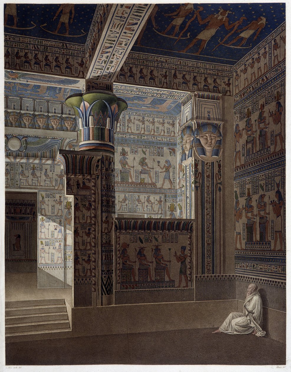 Memnonium Thebes, pl 37: Kolorowy widok perspektywiczny wnętrza świątyni zachodniej - w „Starożytności egipskiej”, sd. 19 wiek autorstwa Unknown artist