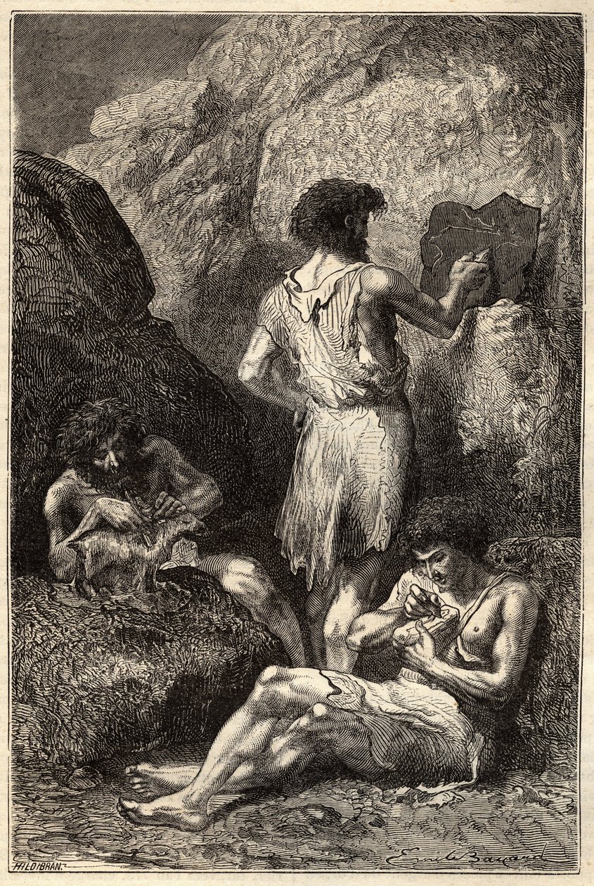 Mężczyźni w epoce kamienia - Mężczyźni w epoce kamienia - rycina XIX w. autorstwa Unknown artist