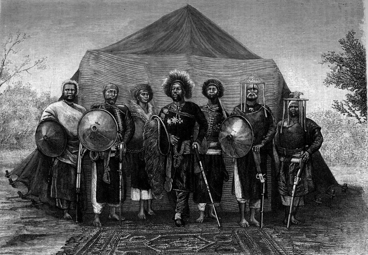 Menelik II (1844-1913), król Etiopii, otacza wodzów swojej armii. Grawerowanie w „” Le Journal de la jeunesse”” autorstwa Unknown artist