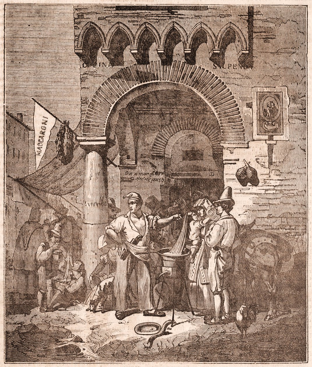 Kupiec gotujący makaron w rondlu, scena włoska (grawerowanie) autorstwa Unknown artist