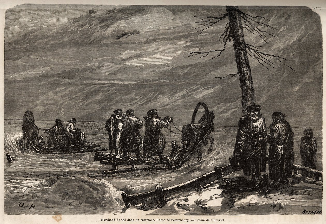 Kupiec karetki, ma śnieżne skrzyżowanie drogi do Petersburga. Rysunek Henrieta, ilustrujący jego podróż do rosyjskich prowincji bałtyckich w latach 1851-54. Grawerowanie w „”Le tour du monde””, pod redakcją Edouarda Chartona autorstwa Unknown artist