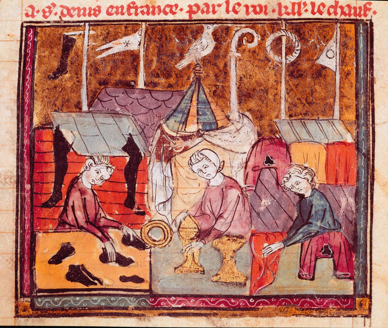 Kupcy (szewc, złotnik, handlarz tkaninami) na jarmarku Lendit koło Saint Denis Miniatura z „Grandes Chronicles de France”” 1375-1379 Biblioteka Miejska, Castres autorstwa Unknown artist
