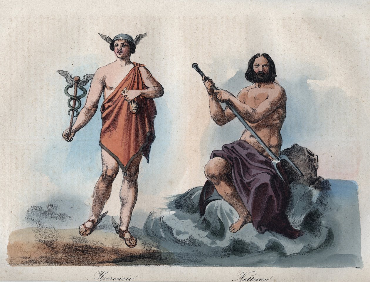 Mercurius (Hermes) i Neptun (Posejdon) - grawerowanie z „” Zwyczajów i tradycji wszystkich narodów wszechświata. Czyli Historia rządu, praw, milicji, religii wszystkich narodów od czasów najdalszych do dnia dzisiejszego „1856 autorstwa Unknown artist