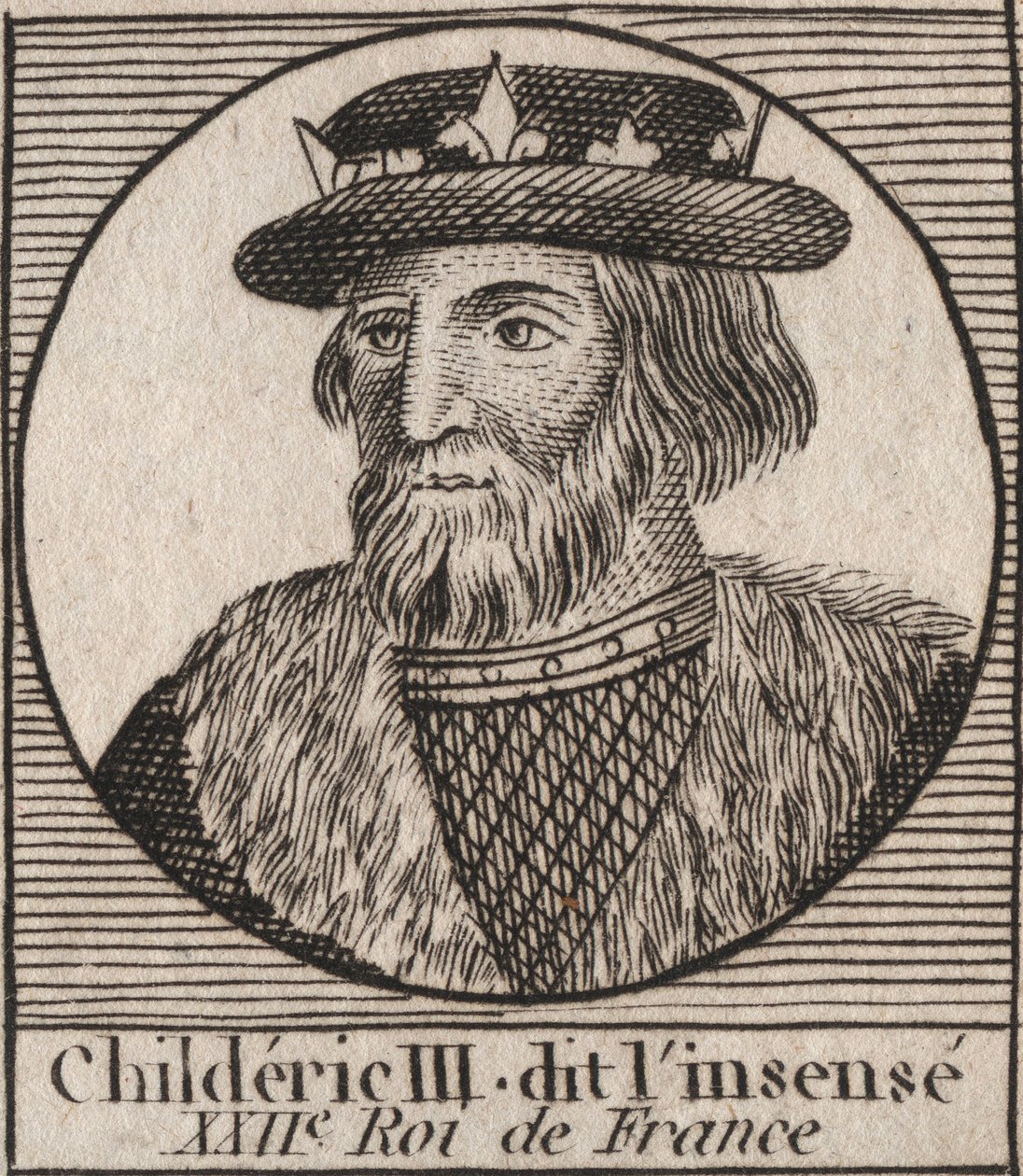 Dynastia Merowingów: Portret Childeryka III (714-755) Król Franków - CHILDERYK III (zm. 754) Król Franków, 741-751 i ostatni z Merowingów - rycina z „” Instruction sur l