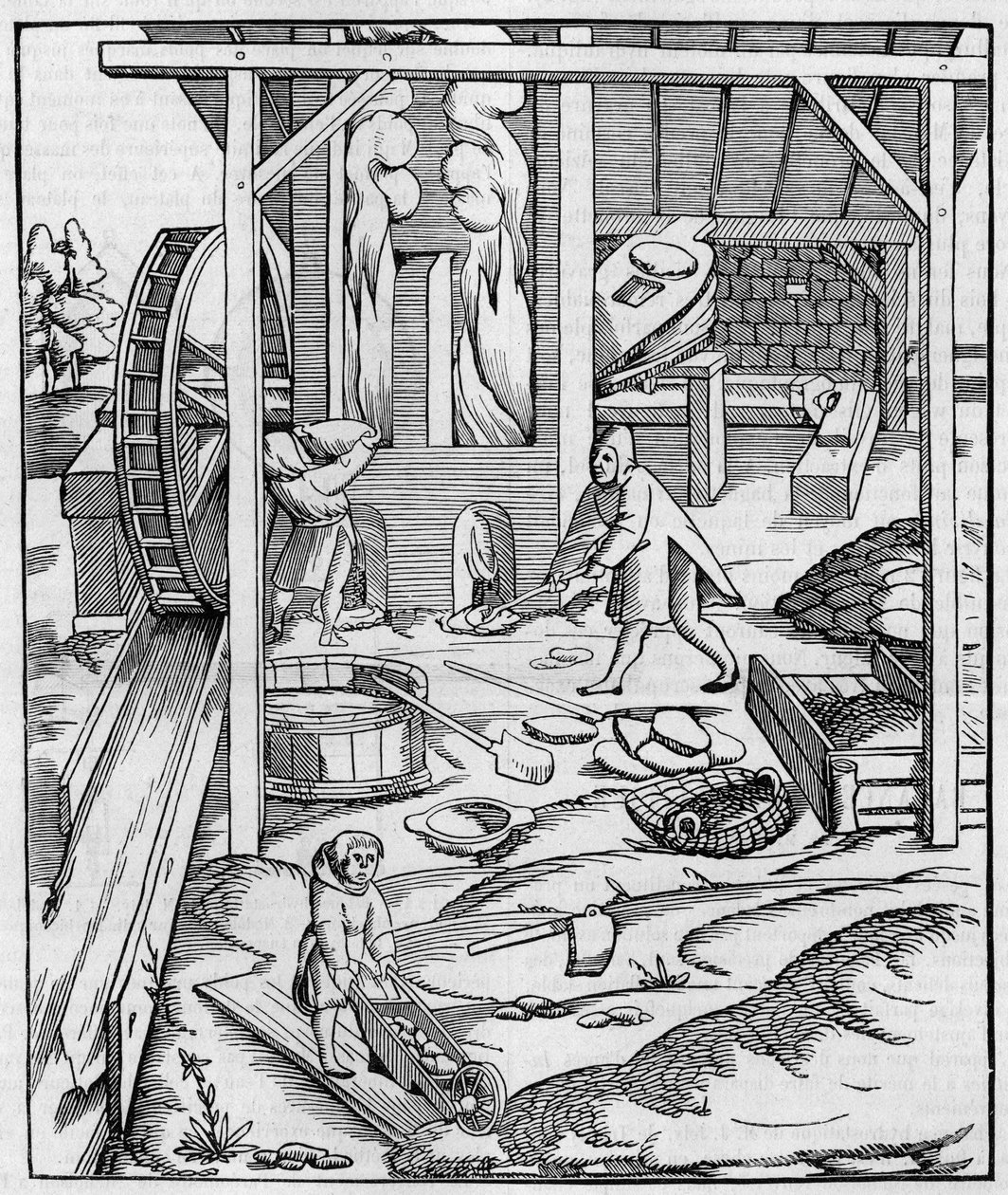Dmuchawa pieca metalowego napędzana silnikiem hydraulicznym. Fac simile (Fac-simile) ryciny opublikowanej w „”Cosmographie”” (1555) Sebastiena Munstera. Grawerowanie w „”Nature: przegląd nauk i ich zastosowań w sztuce i przemyśle”” z 10 autorstwa Unknown artist