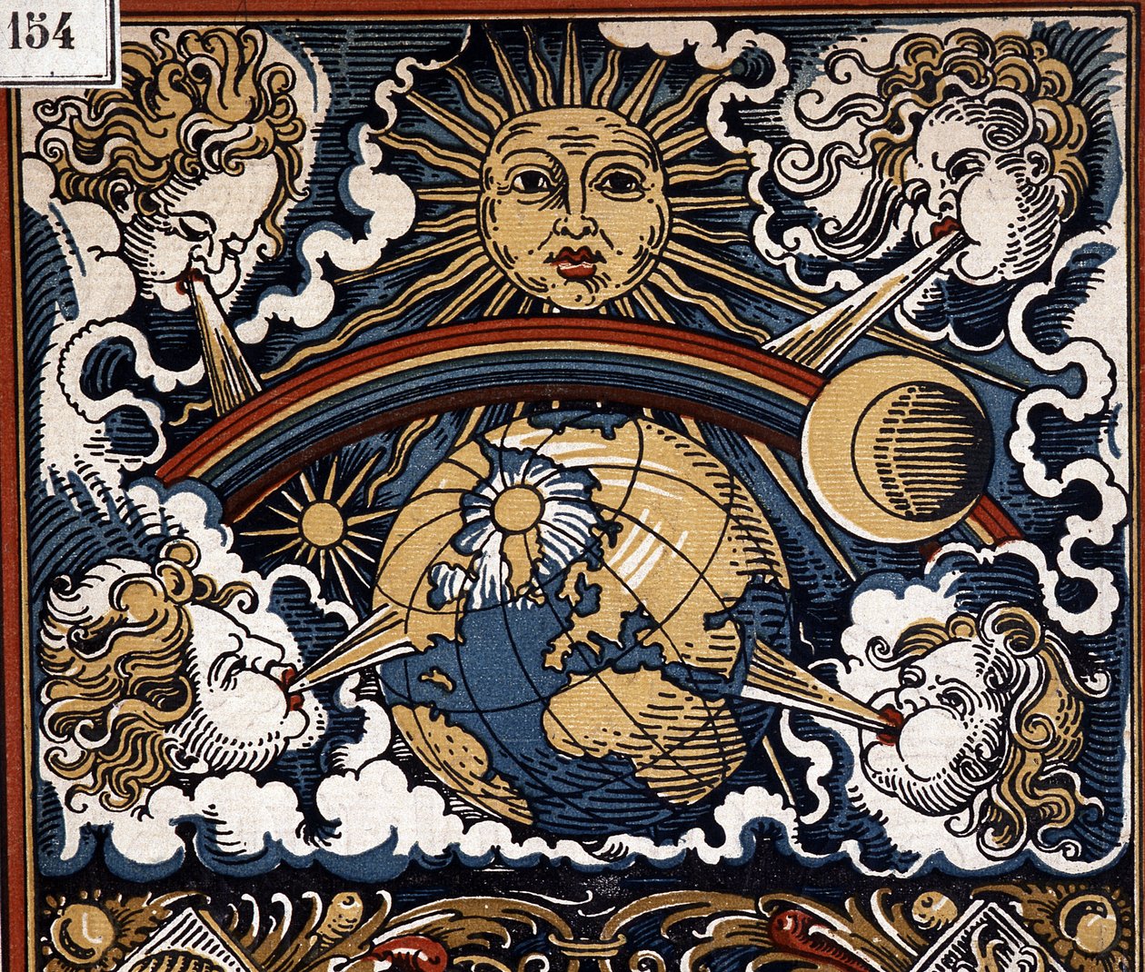 Alegoria meteorologiczna - Alegoria meteorologiczna (słońce z ziemią, wiatry, tęcza) - ilustracja kalendarza autorstwa Unknown artist
