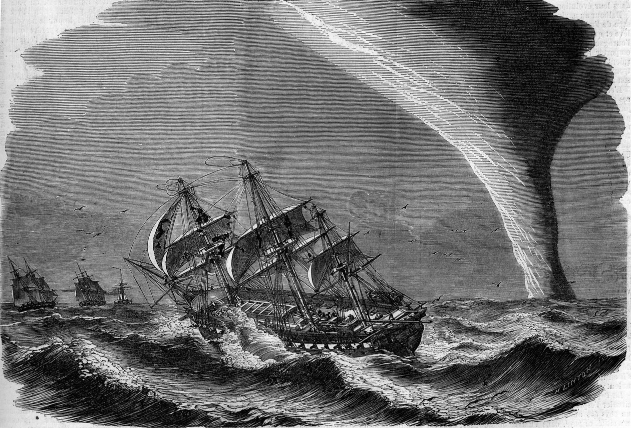 Zjawisko meteorologiczne: dziobek na morzu. Grawerowanie autorstwa Linton w „” The Illustrous World”” nr 49 z 20 marca 1858 r. autorstwa Unknown artist