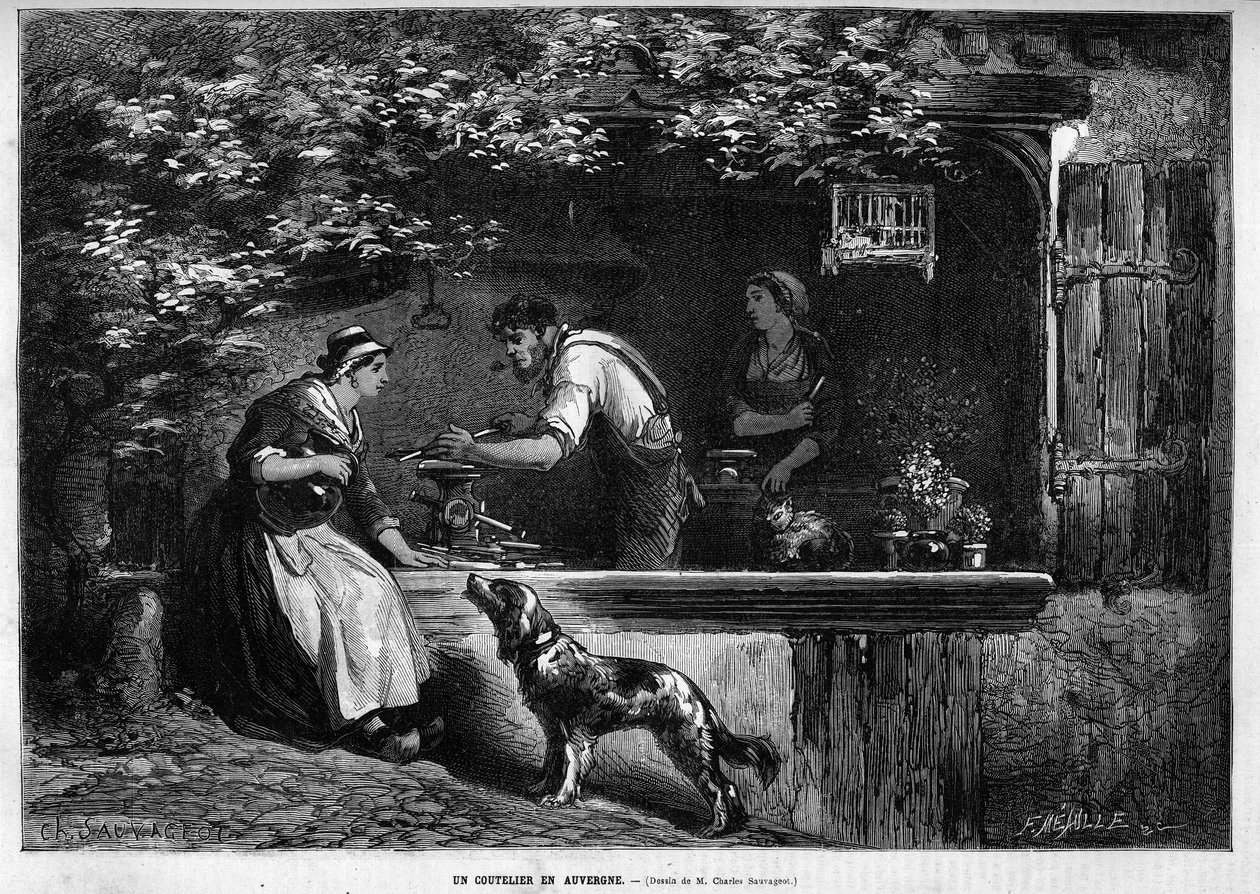 Metier i rzemieślnik: wytwórca sztućców w Owernii. Grawer w „Le Monde illustrious” 1883. Ze zbiorów prywatnych. autorstwa Unknown artist