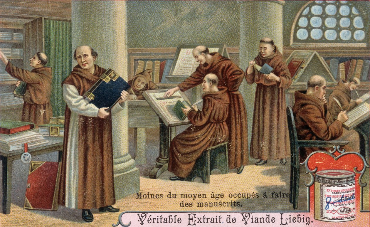 Średniowieczny mnich piszący rękopisy. Chromolitografia, obraz Liebiga autorstwa Unknown artist