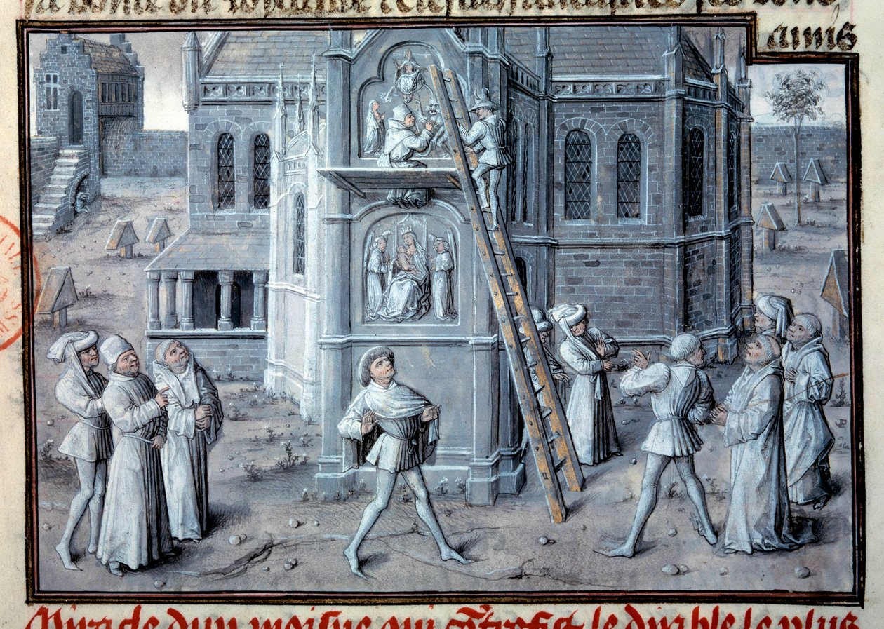Średniowiecze: budowa gotyckich katedr. Rzeźbiarze pracujący na płaskorzeźbach w skali. Miniatura z rękopisu. XV-wieczny Paryż, B.N. autorstwa Unknown artist
