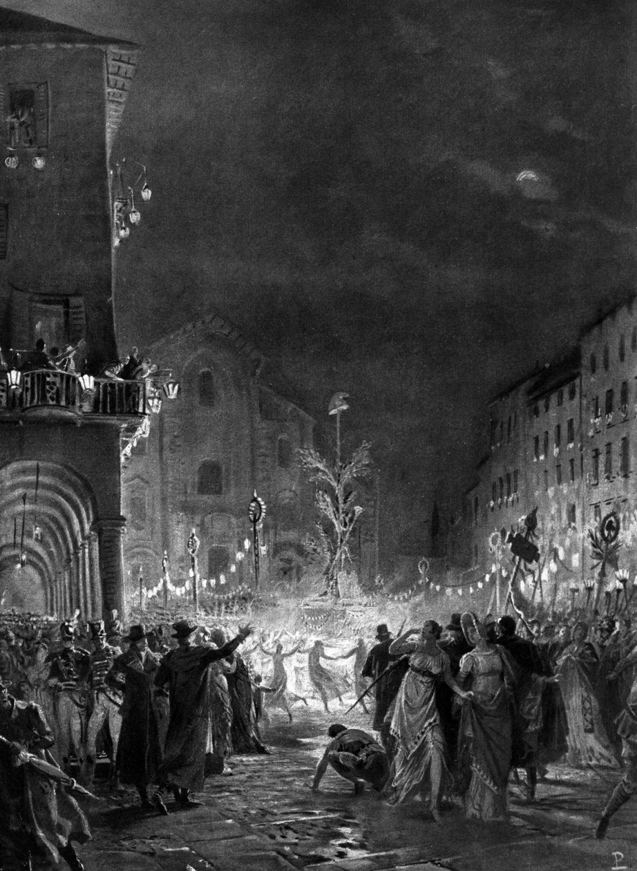 Mediolańczycy radują się wokół Drzewa Wolności, symbolu zwycięstwa nad Starym Reżimem, 05/1796. Rycina XIX wieku autorstwa Unknown artist