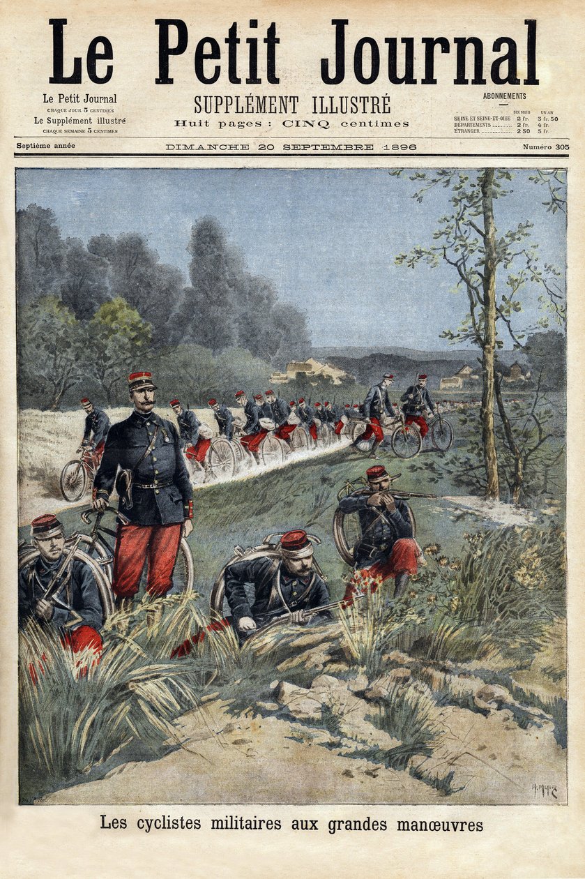 Rowerzyści wojskowi na wielkich manewrach. Grawerowanie w „Le petit journal”” 20.09.1896. Kolekcja Selvy. autorstwa Unknown artist