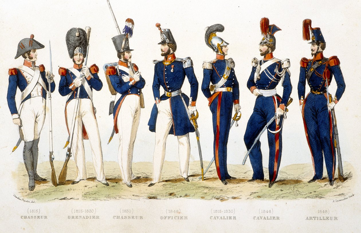 Mundur wojskowy: myśliwy (1815), grenadier (1815 - 1830), myśliwy (1830), oficer (1848), jeździec (1815 - 1830), jeździec (1848), strzelec (1848) - w „Fasttes de Gardes Nationales de France ” autorstwa Unknown artist