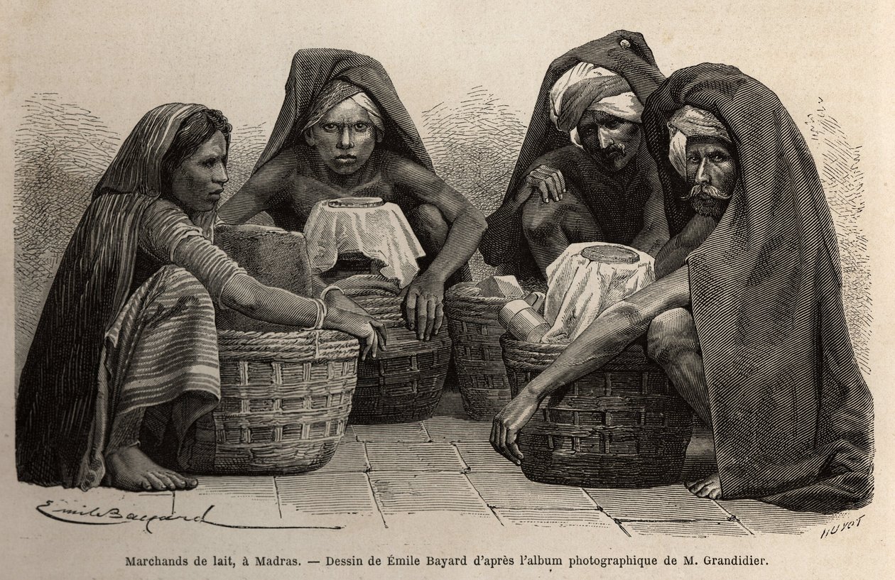 Kupcy mleka na ulicach Madrasu (obecnie Chennai, Tamil Nadu). Rycina ilustrująca podróż po południkowych prowincjach Indii autorstwa Alfreda Grandidiera, w latach 1862-1864, opublikowana w „” le tour du monde””, pod kierunkiem D