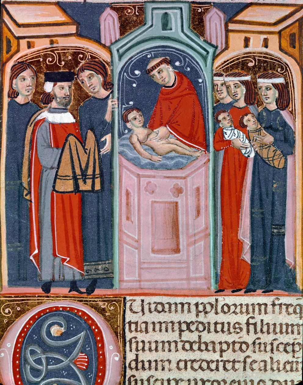 Miniaturowa scena chrztu zaczerpnięta z Kodeksu Justyniana (Codex Justinianus), zbioru praw i instytucji wydanych za cesarza rzymskiego Bizancjum Justyniana I (483-565) autorstwa Unknown artist
