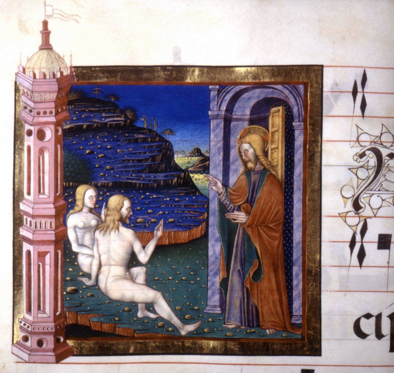 Miniatura przedstawiająca stworzenie Adama i Ewy przez Boga. Antyfonarz. XV wiek. Biblioteka Lodi autorstwa Unknown artist