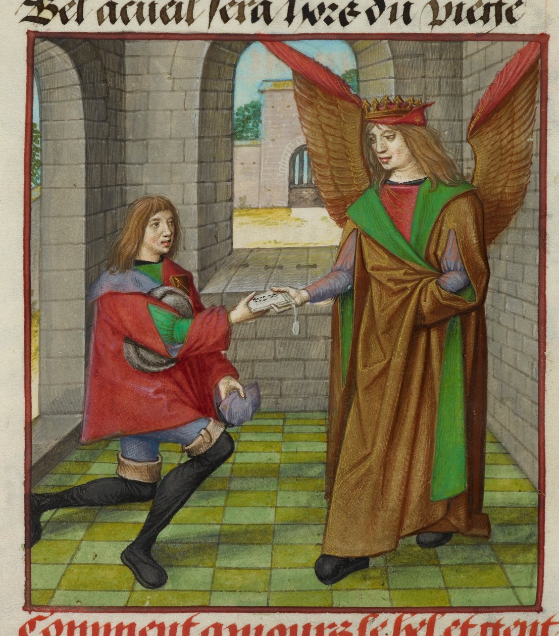 Miniatura Amour (Miłość) wręczająca list posłańcowi, z „Le Roman de la Rose” autorstwa Unknown artist