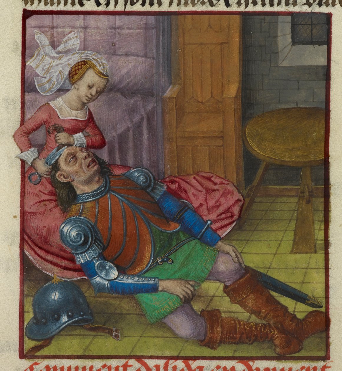 Miniatura przedstawiająca Delilę obcinającą włosy Samsonowi z „Le Roman de la Rose” autorstwa Unknown artist